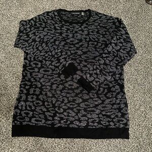 New Nina Leonard Black and Silver Gunmetal Leopard Print Long Sleeve Sweater L
